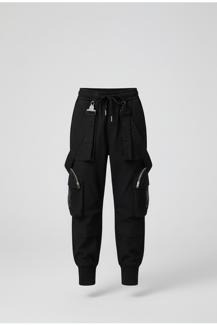 Pantalon Cargo Noir Ample Coton Multipoches Enfant Urbain - vue 3