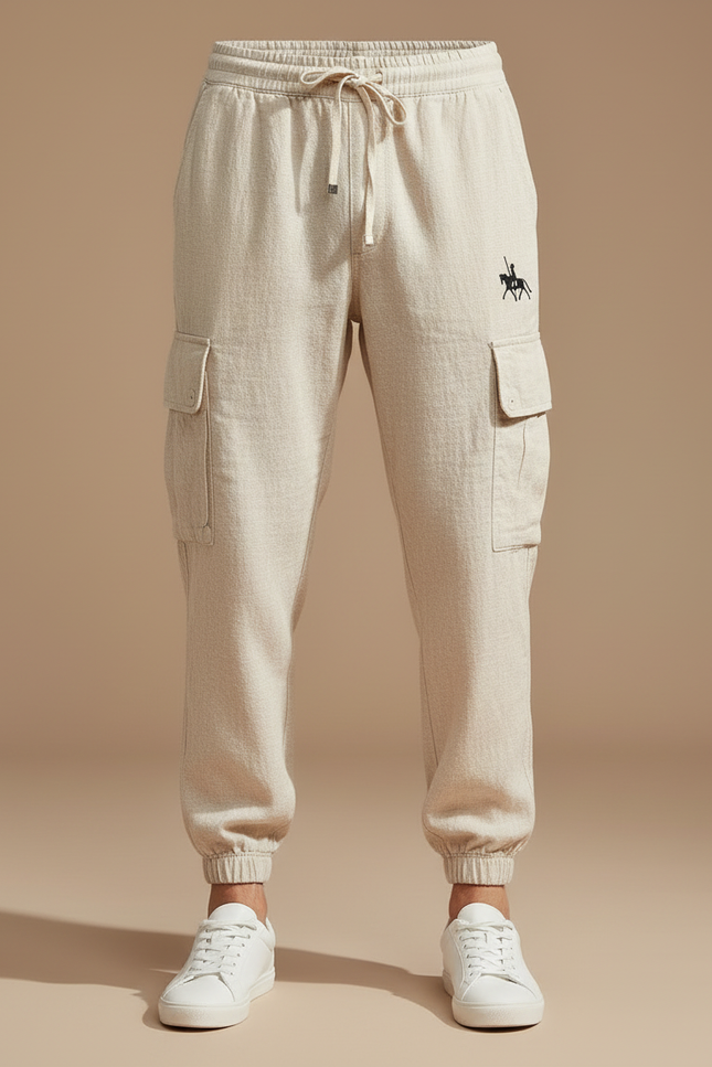 Pantalon Cargo Beige Lin Coton Décontracté Homme - vue 3