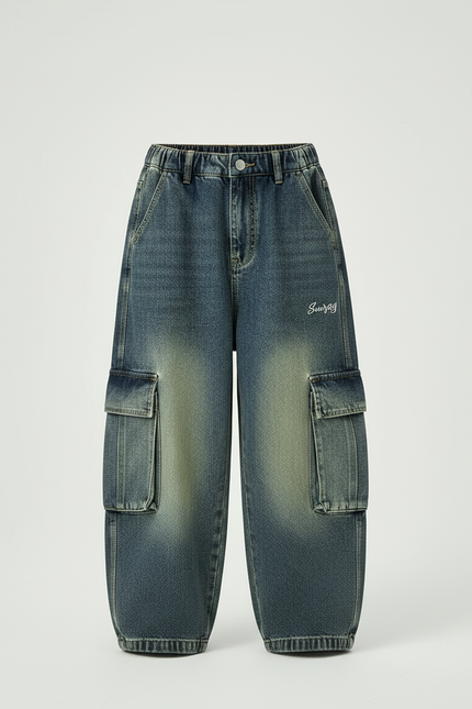Pantalon Cargo Enfant Jean Ample Délavé Poches - Bleu - vue 3