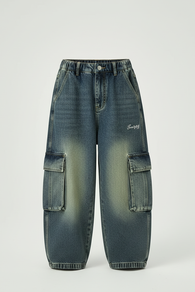 Pantalon Cargo Enfant Jean Ample Délavé Poches - Bleu - vue 3