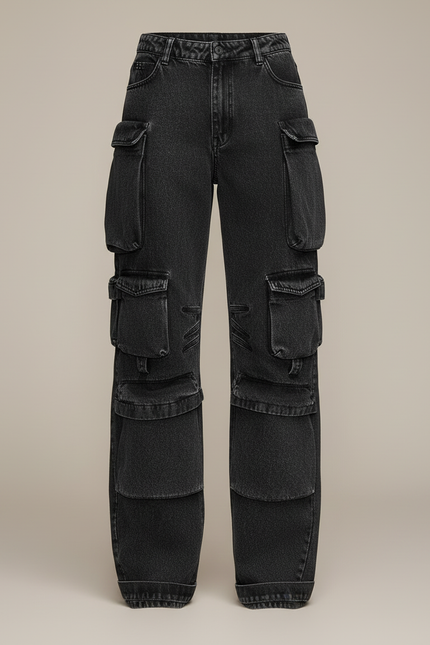 Pantalon Cargo Noir Décontracté Ample Multipoches Femme - Jean - vue 3