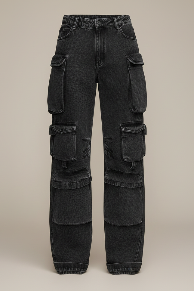 Pantalon Cargo Noir Décontracté Ample Multipoches Femme - Jean - vue 3