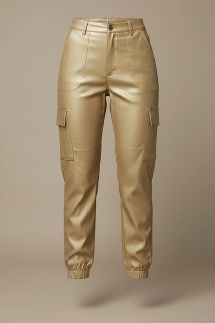 Pantalon Cargo Doré Similicuir Femme Taille Haute - Simili cuir - vue 3