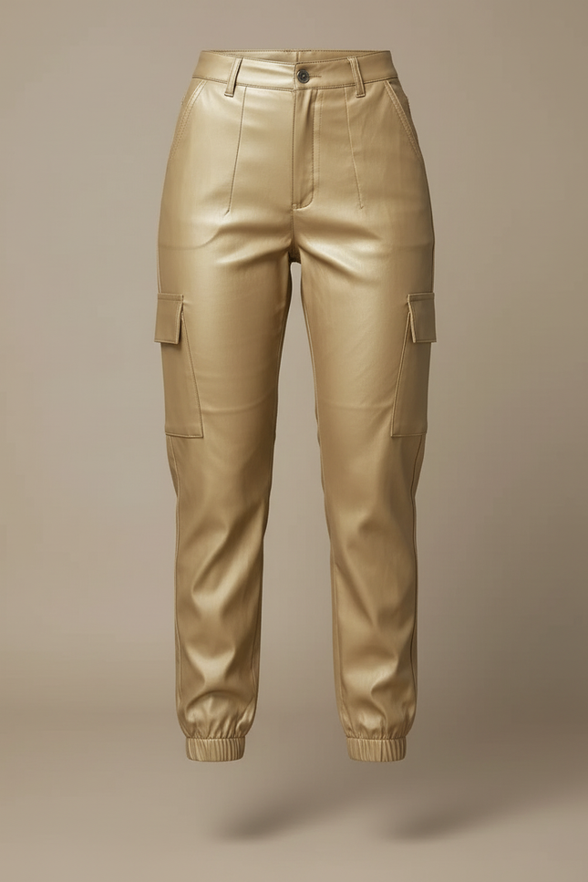 Pantalon Cargo Doré Similicuir Femme Taille Haute - Simili cuir - vue 3