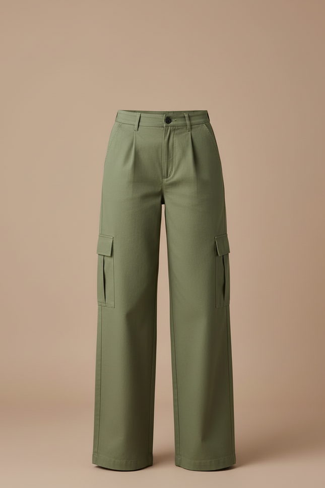 Pantalon Cargo Vert Ample Décontracté Femme - Kaki Gabardine - vue 3