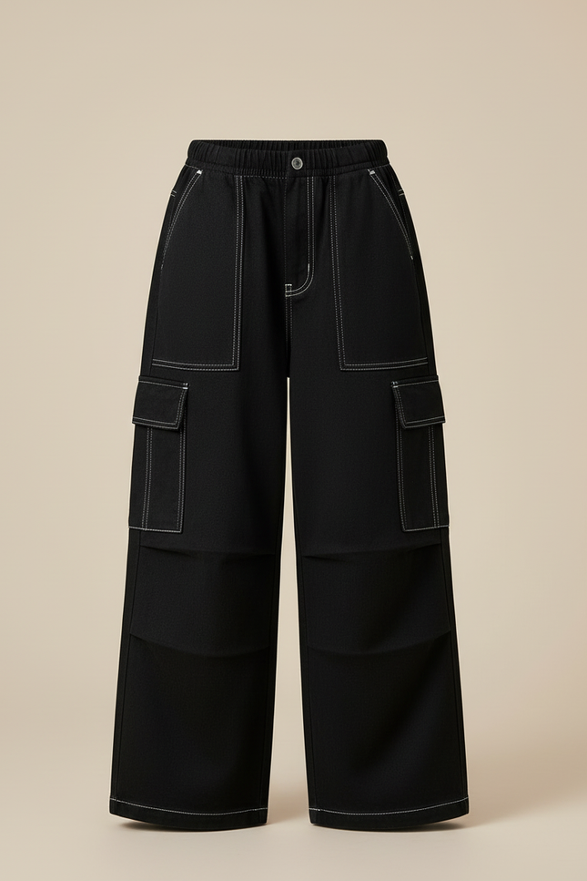 Pantalon Cargo Noir Ample Décontracté Surpiqûres Enfant - Jean - vue 3