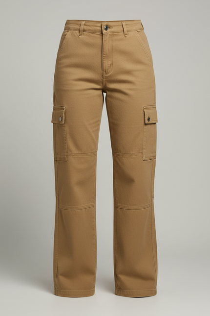Pantalon Cargo Marron Droit Ample Multipoches Décontracté - Kaki Toile - vue 3