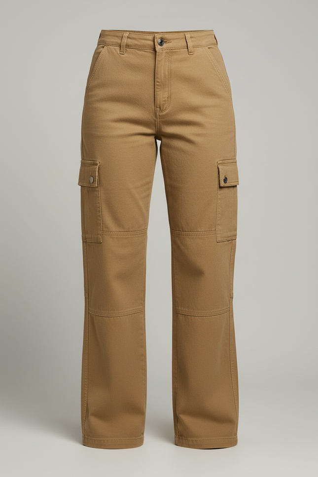 Pantalon Cargo Marron Droit Ample Multipoches Décontracté - Kaki Toile - vue 3