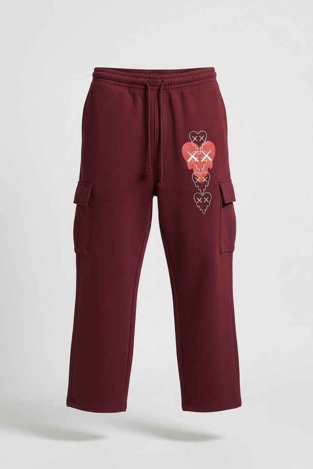 Pantalon Cargo Bordeaux Ample Molleton Motif Cœurs Décontracté - vue 3