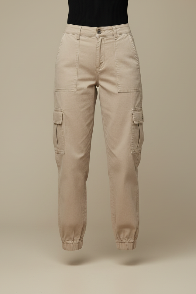 Pantalon Cargo Beige Coton Taille Haute Élastiqué Femme - Gabardine - vue 3