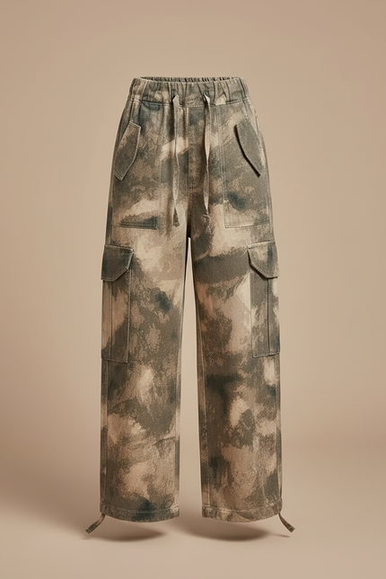 Pantalon Cargo Camouflage Ample Fille Multipoches - Kaki Toile - vue 3