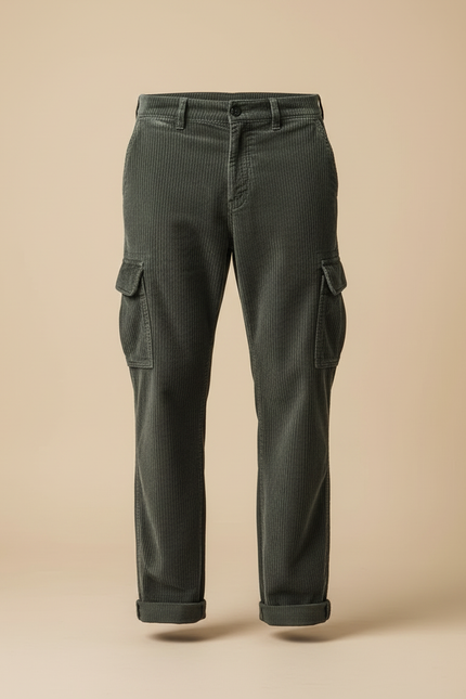 Pantalon Cargo Vert Côtelé Droit Décontracté Homme - Cordé - vue 3