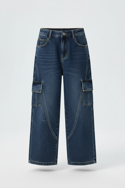 Pantalon Cargo Jean Bleu Ample Enfant Fille - Marine - vue 3