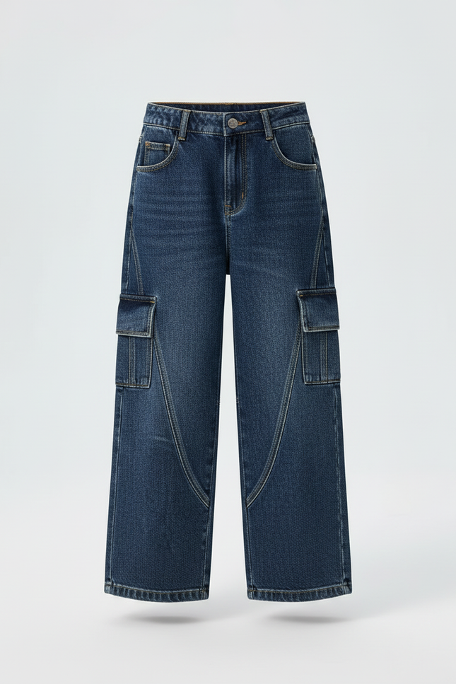 Pantalon Cargo Jean Bleu Ample Enfant Fille - Marine - vue 3