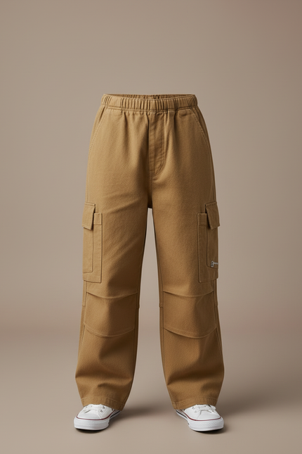 Pantalon Cargo Marron Ample Coton Multipoches Garçon - Toile - vue 3