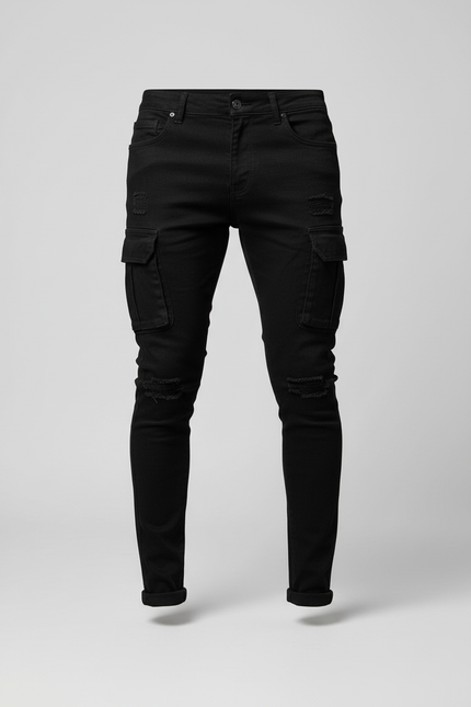 Pantalon Cargo Noir Skinny Délavé Multipoches Homme - Jean - vue 3