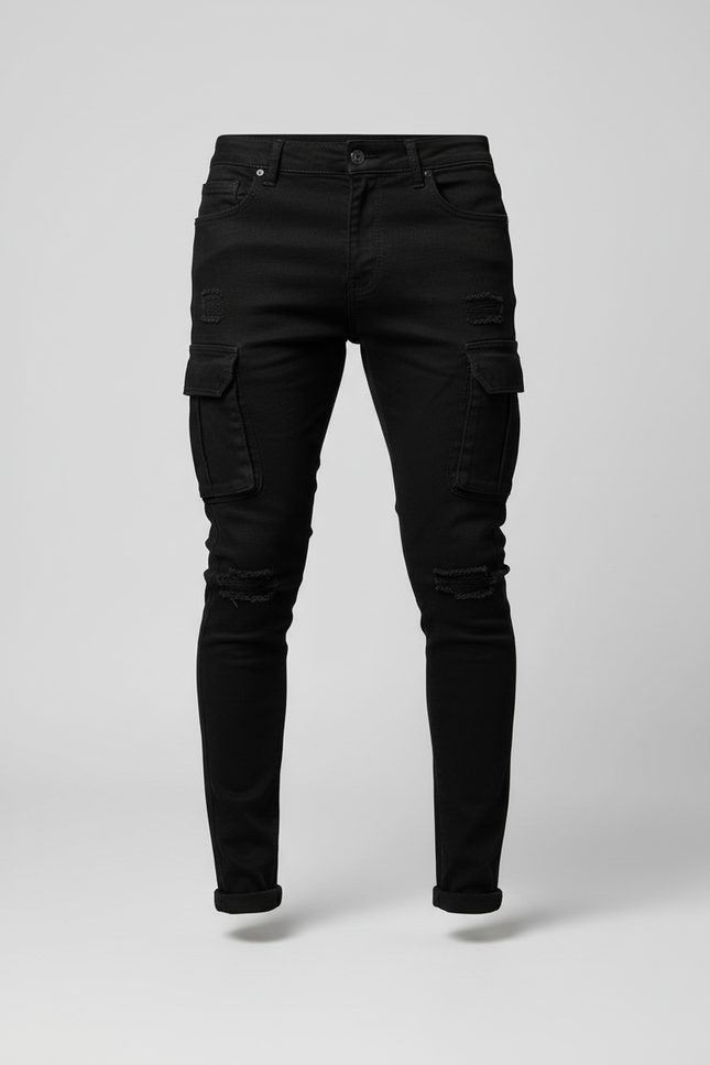 Pantalon Cargo Noir Skinny Délavé Multipoches Homme - Jean - vue 3