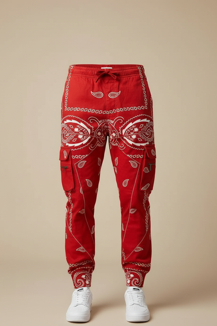 Pantalon Cargo Rouge Bandana Streetwear Jogger Homme - Toile - vue 3