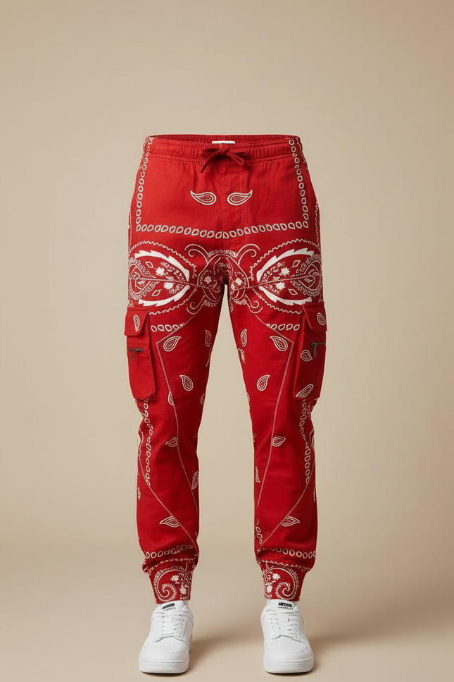 Pantalon Cargo Rouge Bandana Streetwear Jogger Homme - Toile - vue 3