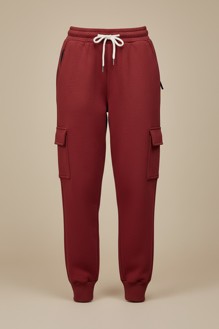 Pantalon Cargo Molletonné Rouge Cordon Poches Latérales Femme - Bordeaux - vue 3