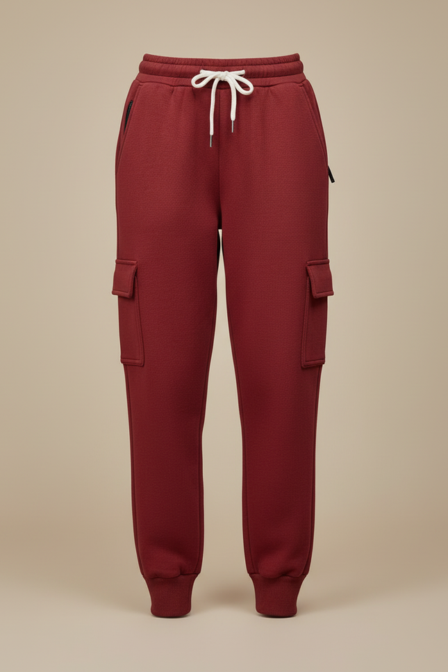 Pantalon Cargo Molletonné Rouge Cordon Poches Latérales Femme - Bordeaux - vue 3