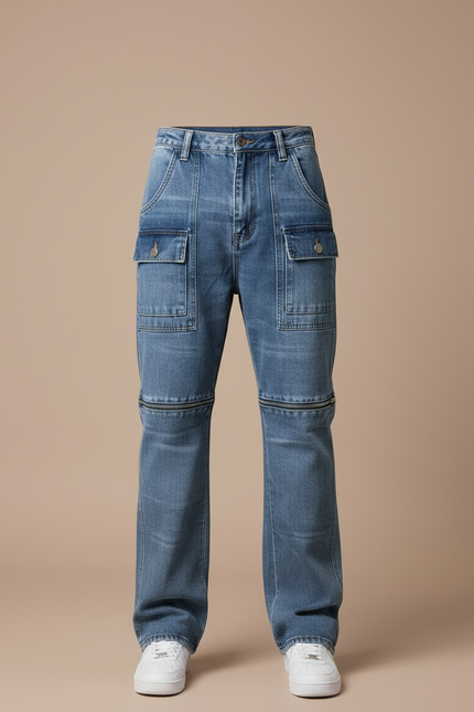 Pantalon Cargo Jean Bleu Décontracté Multi-Poches Zippé - vue 3