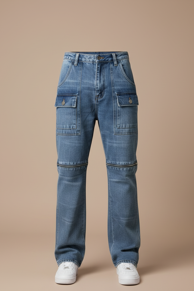 Pantalon Cargo Jean Bleu Décontracté Multi-Poches Zippé - vue 3