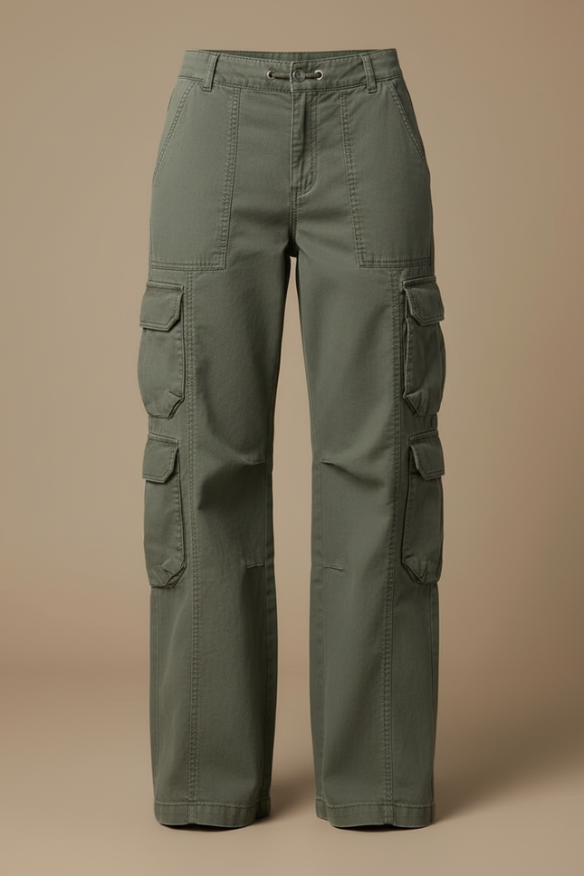 Pantalon Cargo Vert Ample Taille Basse Femme - Kaki Toile - vue 3