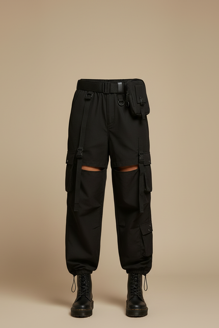Pantalon Cargo Noir Découpes Amovibles Streetwear Femme - Toile - vue 3