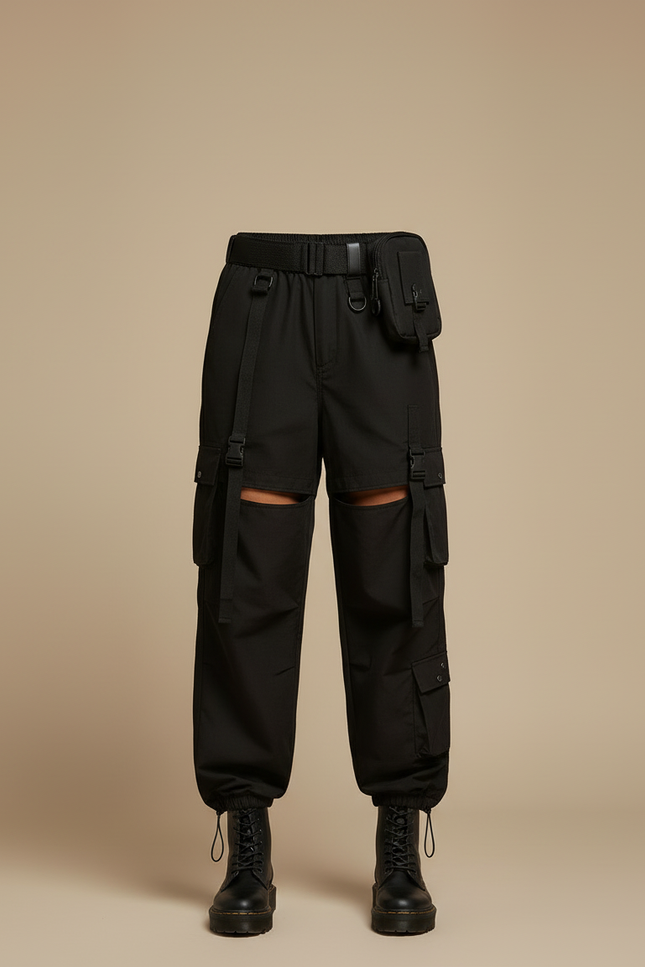 Pantalon Cargo Noir Découpes Amovibles Streetwear Femme - Toile - vue 3
