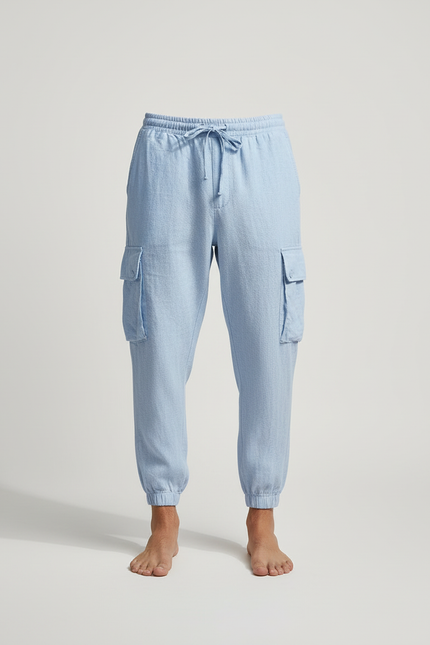 Pantalon Cargo Bleu Ciel Lin Coton Ample Homme - vue 3