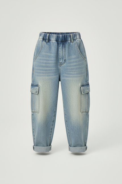 Pantalon Cargo Jean Ample Poches Latérales Garçon - Bleu - vue 3