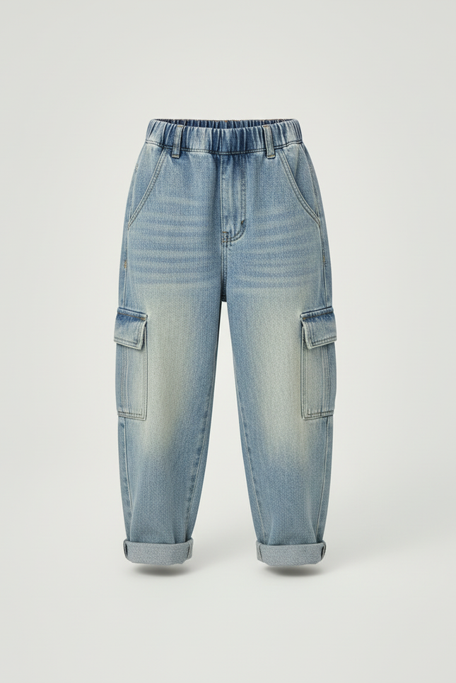 Pantalon Cargo Jean Ample Poches Latérales Garçon - Bleu - vue 3