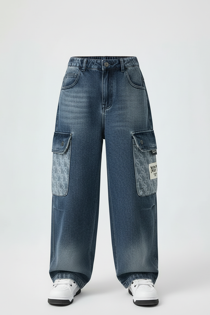 Pantalon Cargo Denim Ample Multipoches Décontracté Enfant - Bleu Jean - vue 3