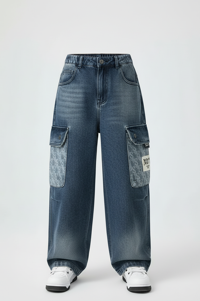 Pantalon Cargo Denim Ample Multipoches Décontracté Enfant - Bleu Jean - vue 3