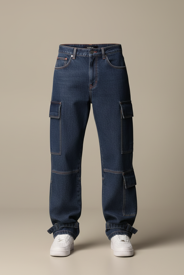 Pantalon Cargo Denim Bleu Ample Multipoches Homme - Jean - vue 3
