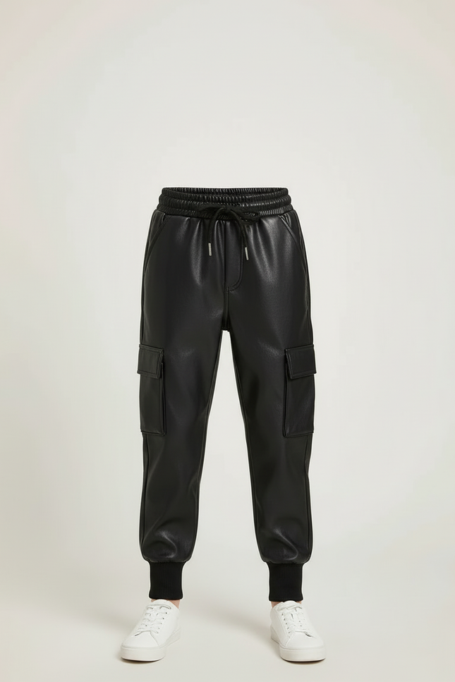 Pantalon Cargo Noir Similicuir Enfant Hiver Molletonné - Simili cuir - vue 3