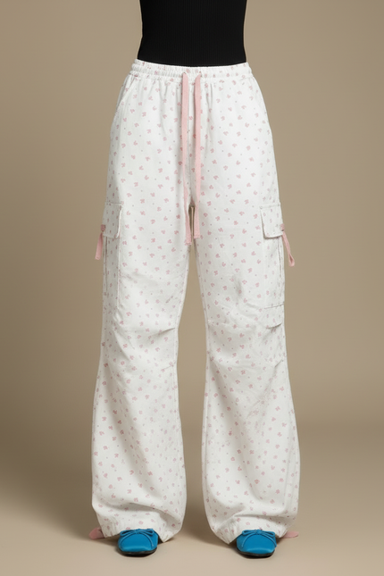 Pantalon Cargo Blanc Fleuri Ample Taille Haute - Coton - vue 3