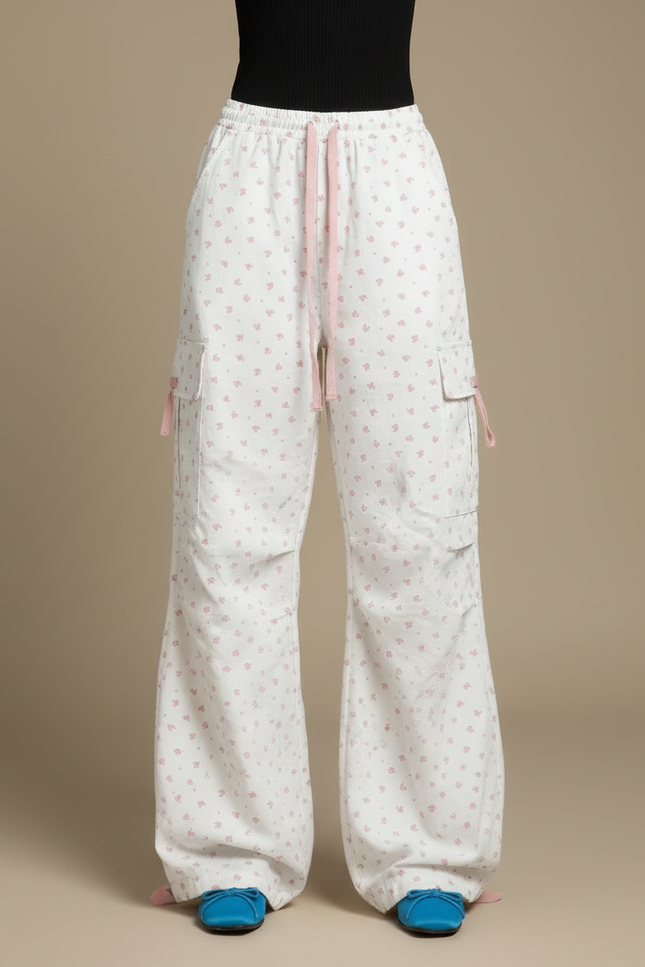 Pantalon Cargo Blanc Fleuri Ample Taille Haute - Coton - vue 3