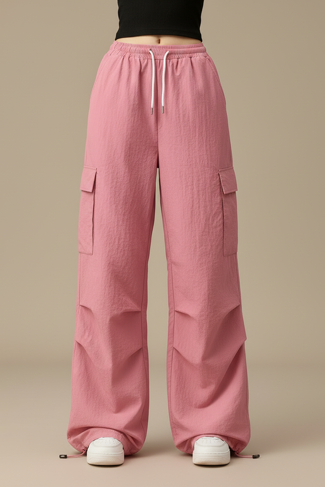 Pantalon Cargo Rose Ample Taille Haute Streetwear Femme - Polyester - vue 3