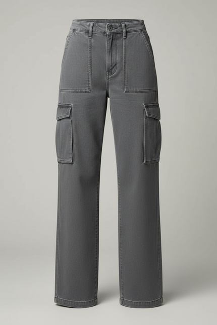 Pantalon Cargo Gris, Ample, Multipoches, Taille Haute, Décontracté - Jean - vue 3