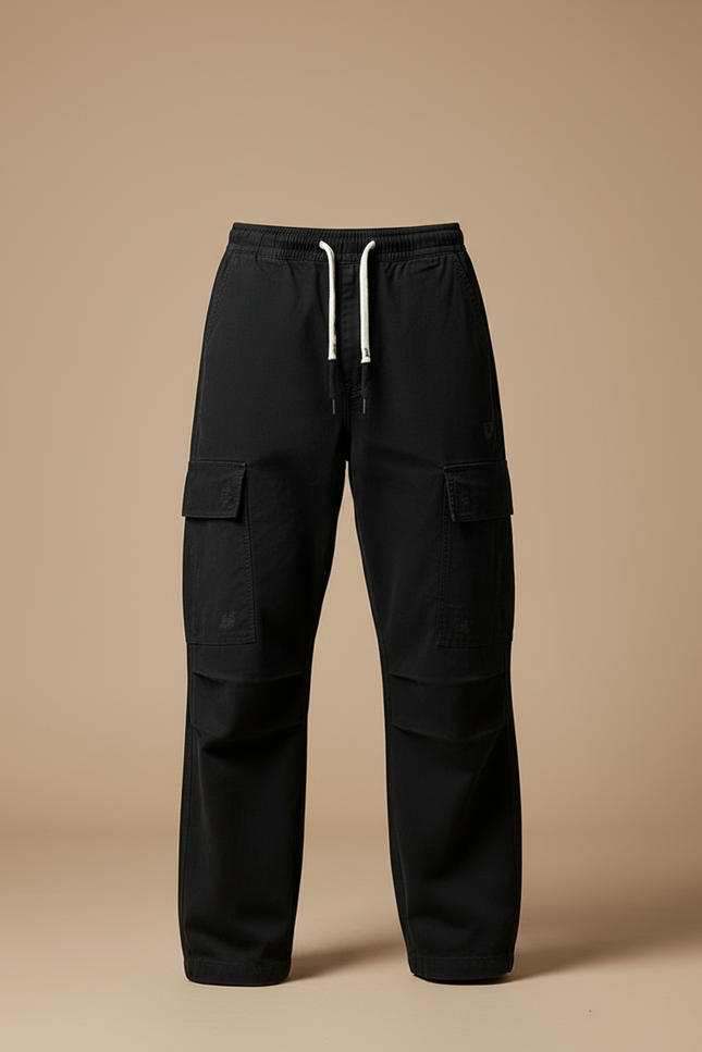 Pantalon Cargo Noir Ample Coton Multipoches Décontracté - Toile - vue 3