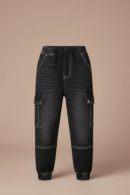 Pantalon Cargo Noir Denim Multipoches Élastiqué Garçon - Jean - vue 3