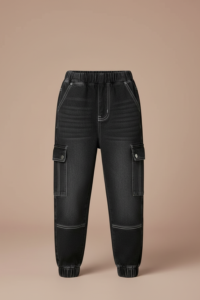 Pantalon Cargo Noir Denim Multipoches Élastiqué Garçon - Jean - vue 3