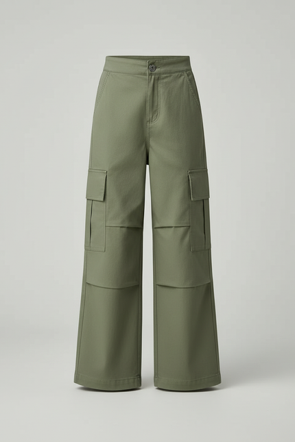 Pantalon Cargo Vert Ample Multipoches Enfant Fille - Kaki Toile - vue 3