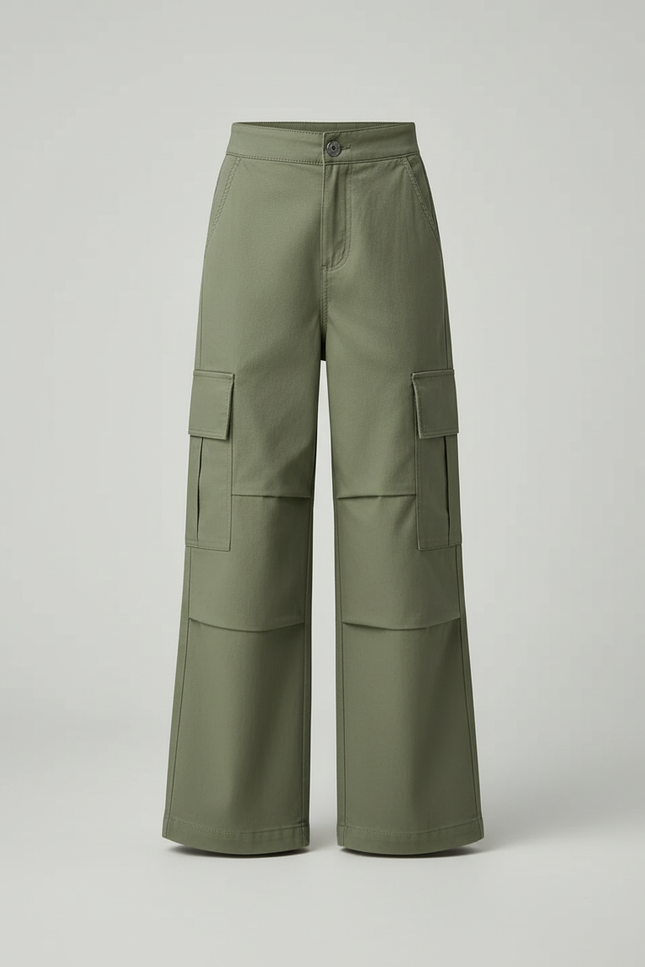 Pantalon Cargo Vert Ample Multipoches Enfant Fille - Kaki Toile - vue 3