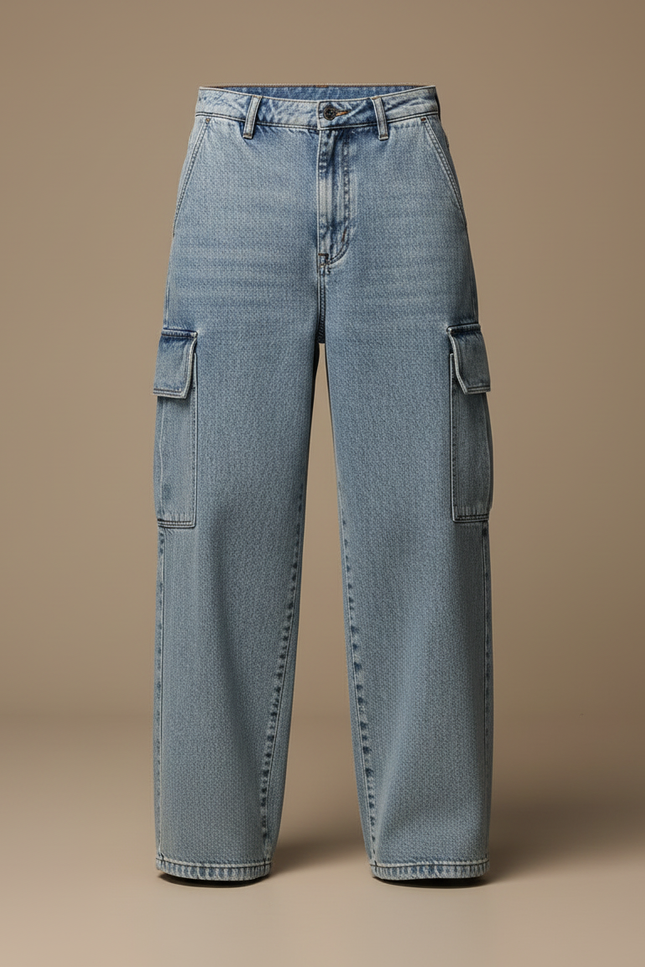 Pantalon Cargo Jean Ample Bleu Multipoches Décontracté - vue 3
