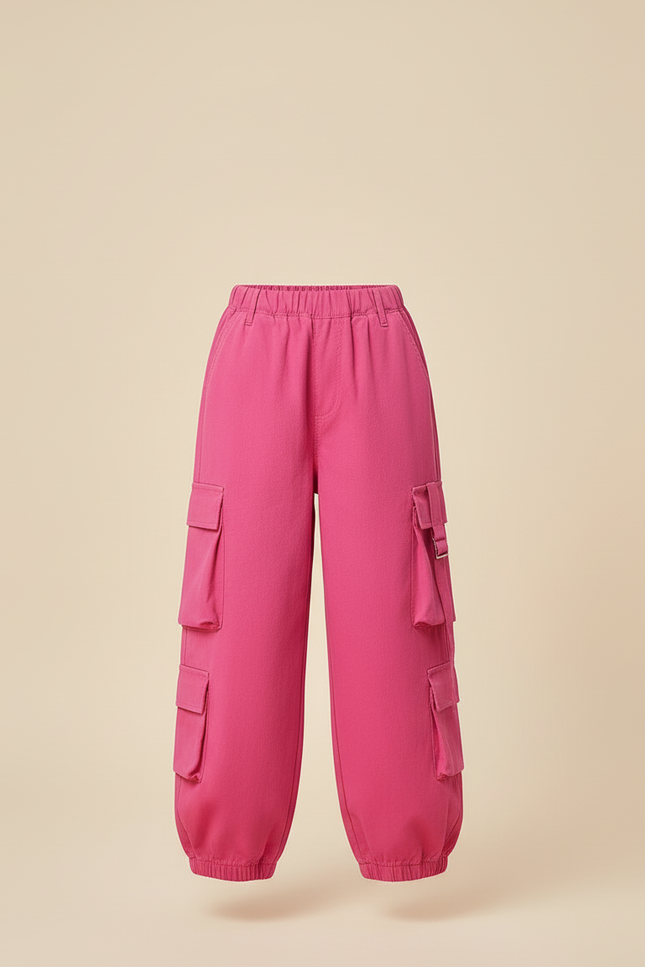 Pantalon Cargo Fuchsia Ample Poches Fille - Rose Coton - vue 3