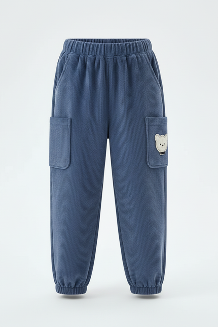 Pantalon Cargo Bleu Côtelé Ample Enfant Brodé Polaire - Cordé - vue 3