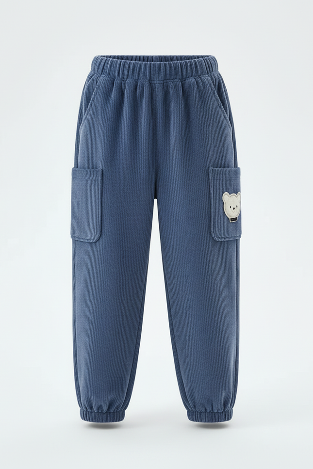 Pantalon Cargo Bleu Côtelé Ample Enfant Brodé Polaire - Cordé - vue 3